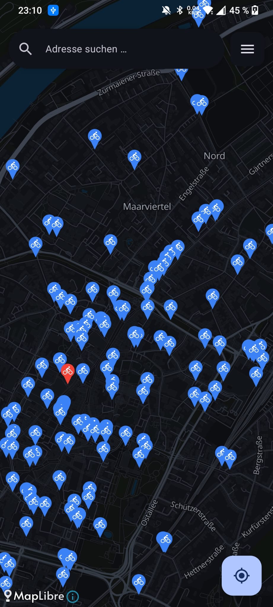VeloSpot map in dark mode with dark vector tiles