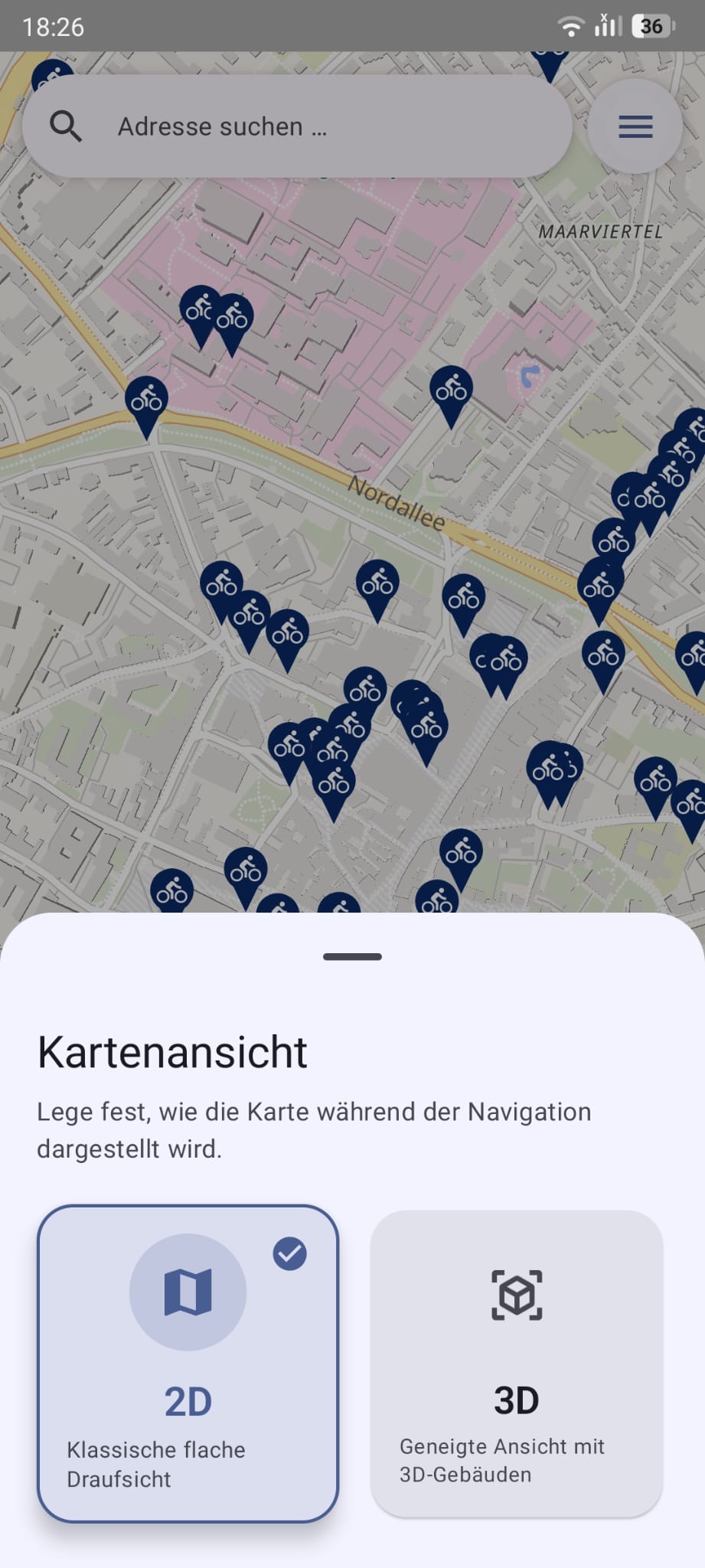 VeloSpot 2D and 3D map view selector with extruded buildings
