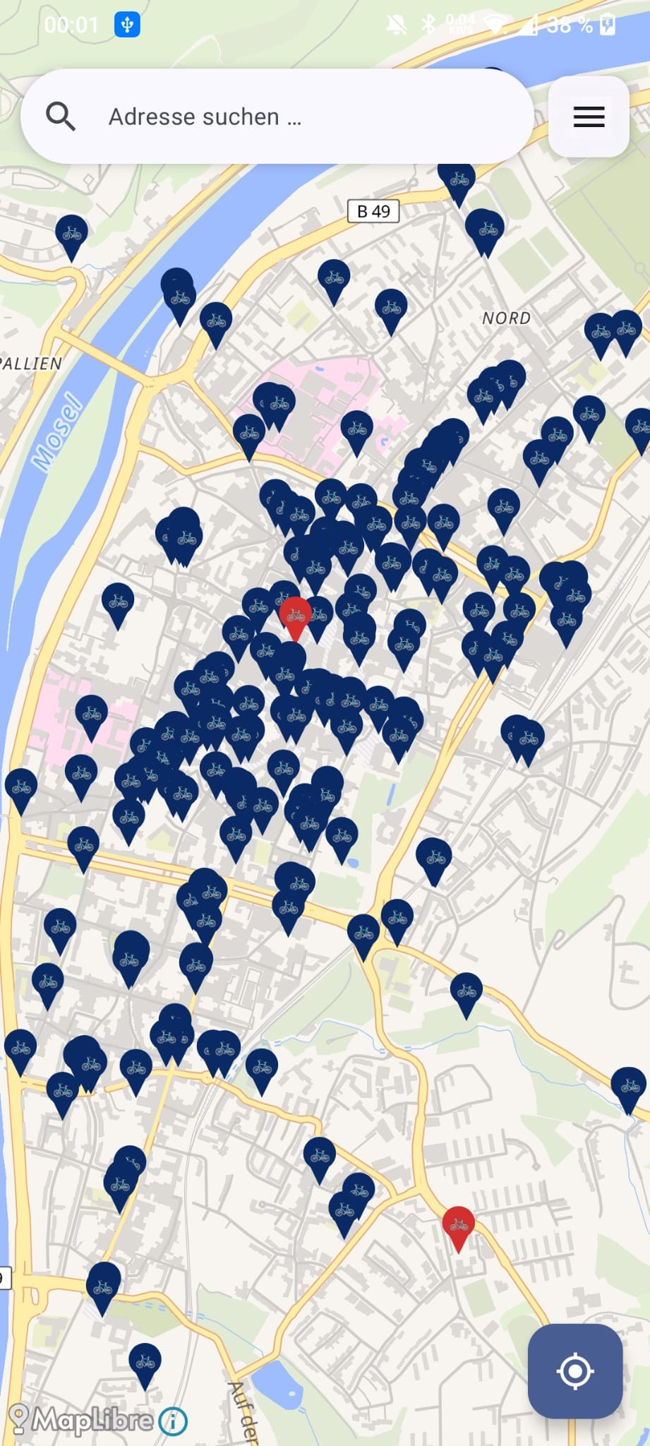 VeloSpot map view with bike parking markers