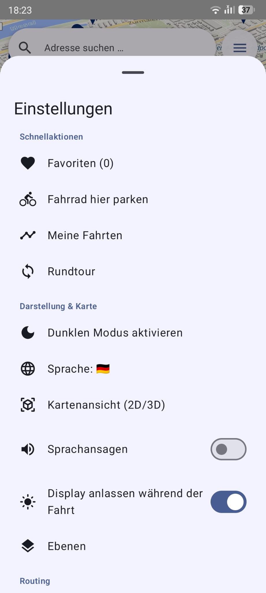 VeloSpot settings screen