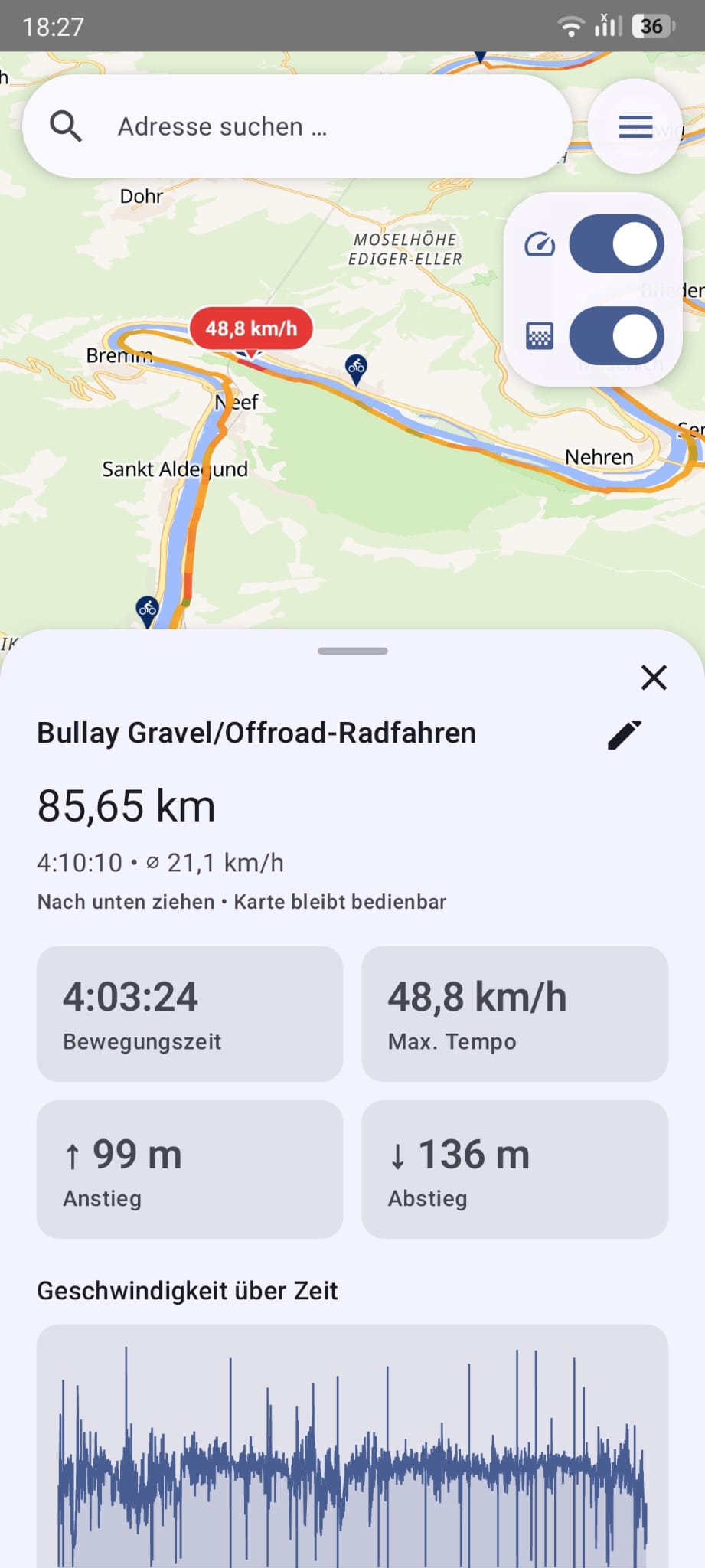 VeloSpot recorded ride track with live stats